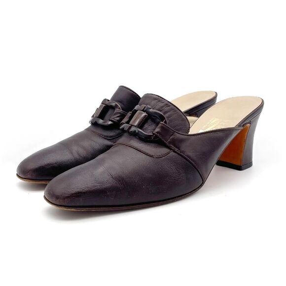 Vintage Salvatore Ferragamo Chocolate Brown Leather Square Toe Mules Size 8.5 - Picture 4 of 16